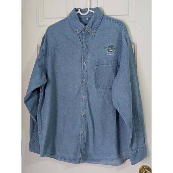 VTG Hard Rock Cafe KOWLOON Denim Button Shirt L/S XL 100% Cotton Blue Light Wash - Picture 1 of 7